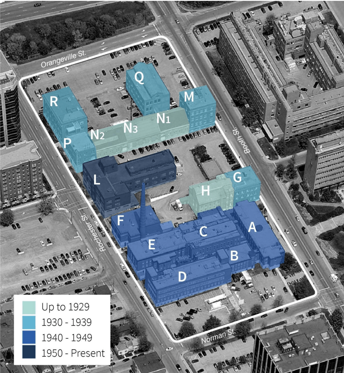 Pictured here is an aerial map of the Booth Street Complex, showing when each of the complex’s structures was built.