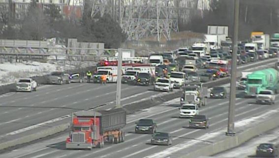 The westbound lanes of Highway 401 near Liverpool Road in Pickering have been closed for a two-vehicle collision.