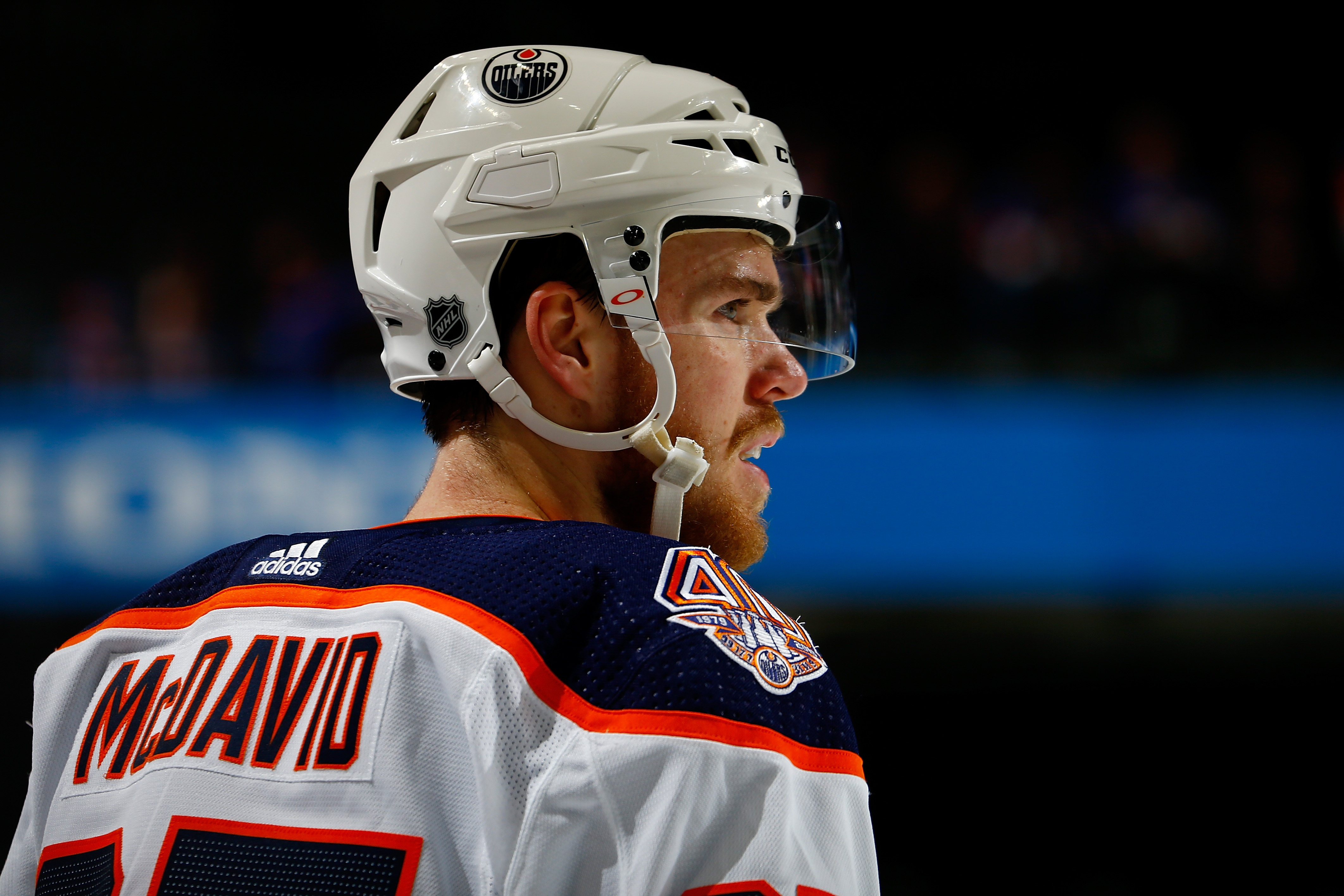 Connor McDavid #97 of the Edmonton Oilers looks on against the New York Islanders at Barclays Center on February 16, 2019 the Brooklyn borough of New York City. 