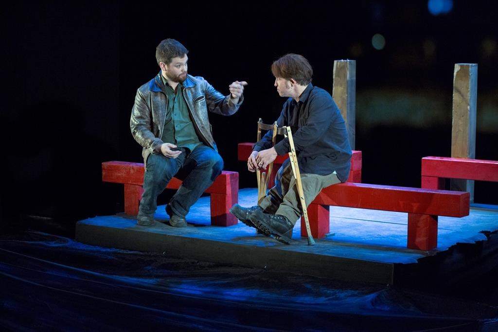 Actors Pat Dempsey (left) and Paul David Power are shown in a scene from the play "Crippled." A Newfoundland playwright says his battle for a visa to perform in the United States shows the barriers independent artists face when telling diverse stories. The U.S. Department of Homeland Security rejected a detailed application to bring Power's autobiographical play "Crippled" to perform at a San Francisco theatre.
