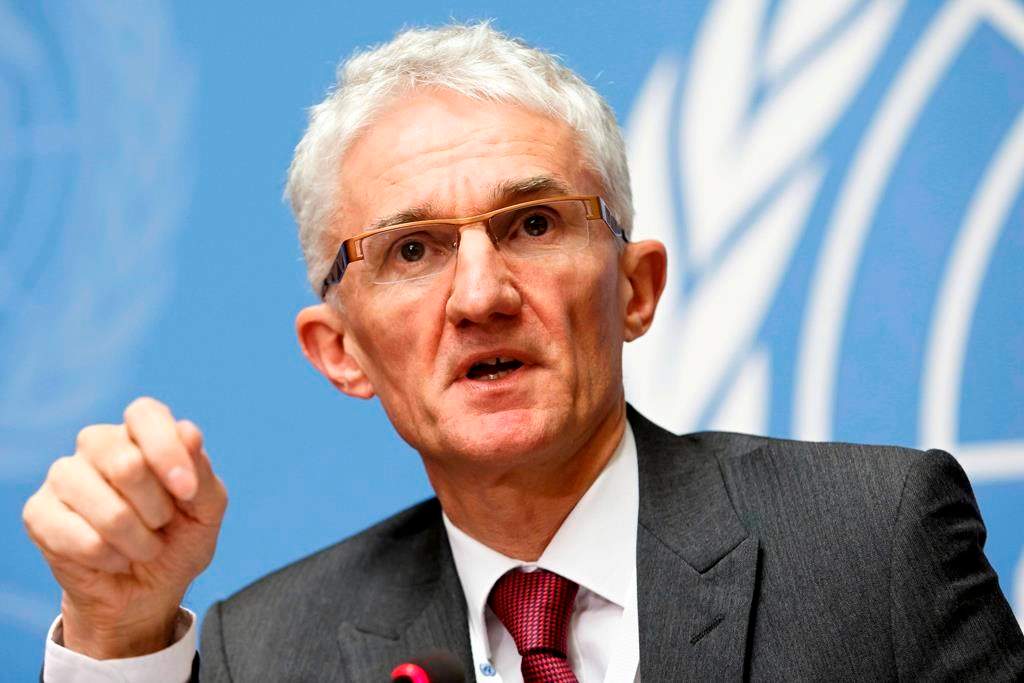 Mark Lowcock, UN Under-Secretary-General for Humanitarian Affairs and Emergency Relief Coordinator, speaks during a press conference at the European headquarters of the United Nations in Geneva, Switzerland on December 4, 2018.