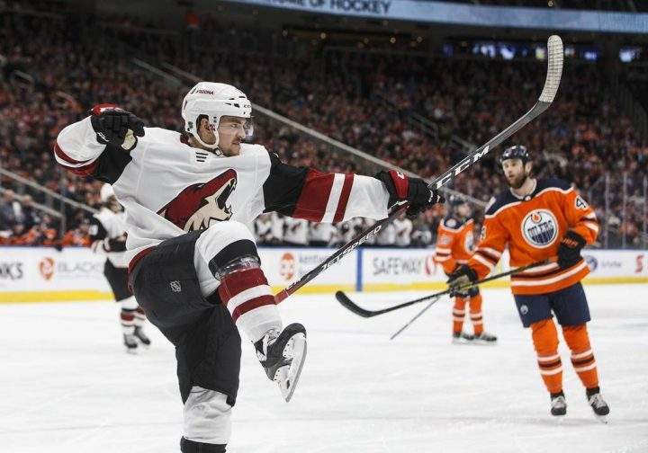 Arizona Coyotes’ Vinny Hinostroza (13) celebrates a goal agains the Edmonton Oilers during third period NHL action in Edmonton, Alta., on Tuesday, Feb. 19, 2019.