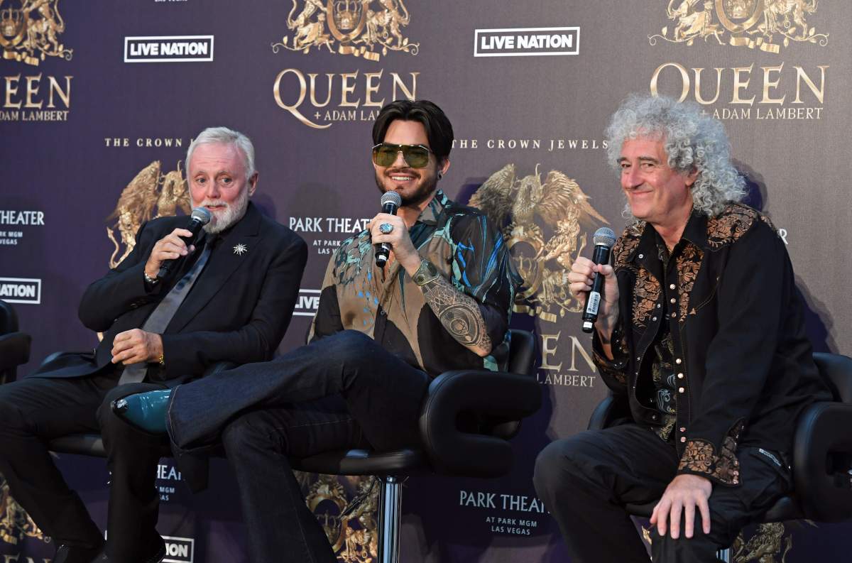 (L-R) Roger Taylor, Adam Lambert and Brian May of Queen + Adam Lambert attend a news conference at the MGM Resorts aviation hangar on Aug. 28, 2018, in Las Vegas, Nev.