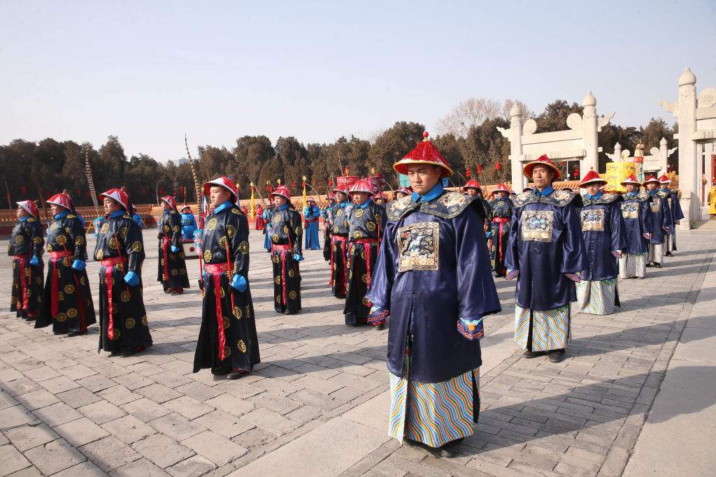 Performers rehearse a re-enactment of an ancient Qing Dynasty ceremony at Ditan Park (the Temple of Earth) on February 4, 2019 in Beijing, China. The Lunar New Year, the Year of the Pig, falls on February 5 this year. ()