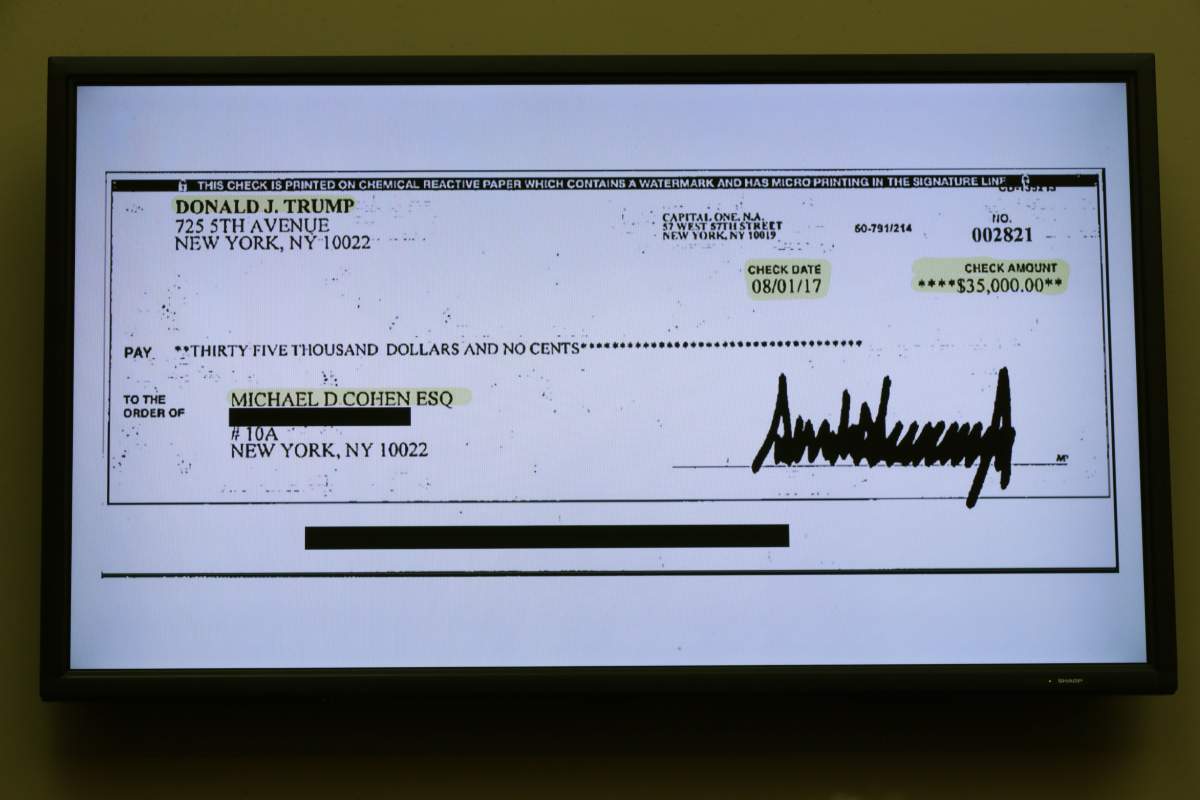 A copy of a check paid to Michael Cohen by President Donald Trump is displayed as Cohen, former attorney and fixer for President Trump testifies before the House Oversight Committee on Capitol Hill Feb. 27, 2019, in Washington, D.C.  (Photo by Chip Somodevilla/Getty Images)