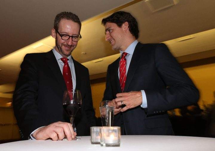 Then-Liberal Leader Justin Trudeau speaks to his adviser Gerald Butts, March 9, 2015.