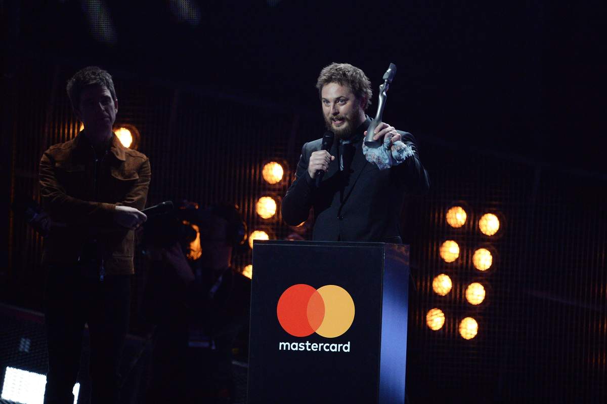 (L) Noel Gallagher and Duncan Jones on stage at The Brit Awards 2017 at The O2 Arena on Feb. 22, 2017, in London, England.