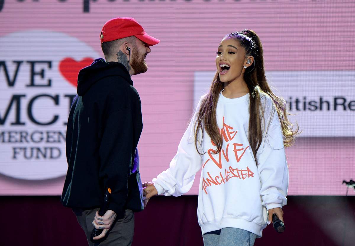 Mac Miller (L) and Ariana Grande perform onstage during the ‘One Love Manchester Benefit Concert’ at Old Trafford Cricket Ground on June 4, 2017, in Manchester, England.