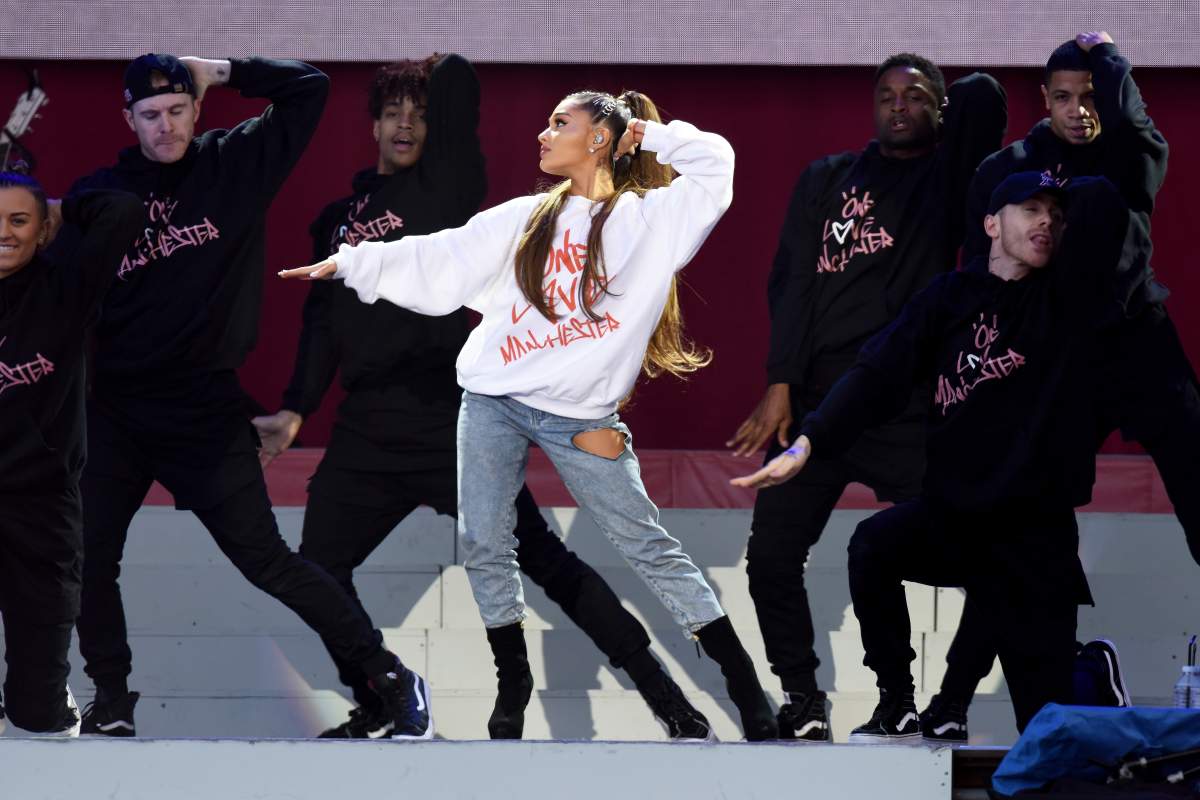 In this handout provided by ‘One Love Manchester’ benefit concert Ariana Grande performs on stage on June 4, 2017 in Manchester, England.