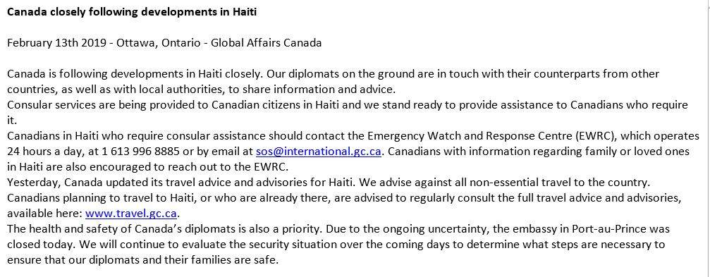 Global Affairs Canada wrote in an email statement that they are aware of the violent protests in Haiti and are monitoring to help Canadians in need.
