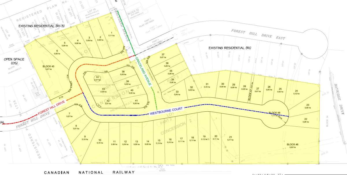 Here’s a closer look at the 45-house lot plan for the Graceland subdivision, including a park, walkway and stormwater pond.