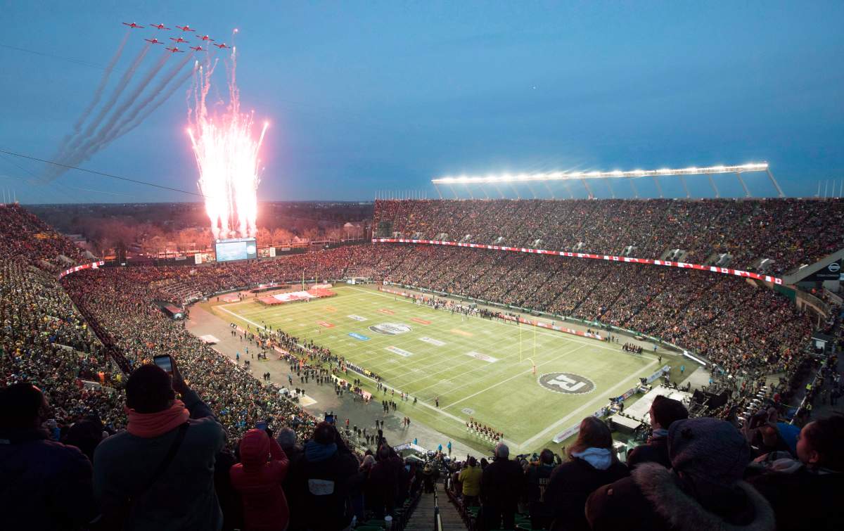 The Canadian Forces Snowbirds fly over at the start of the 106th Grey Cup between the Ottawa Redblacks and Calgary Stampeders at Commonwealth Stadium in Edmonton, Sunday, Nov. 25, 2018.