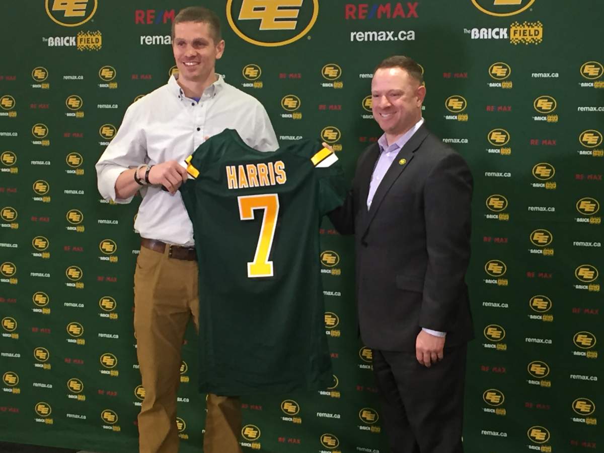 Trevor Harris and Brock Sunderland at Harris' first news conference as an Edmonton Eskimo at Commonwealth Stadium on Feb. 14, 2019.