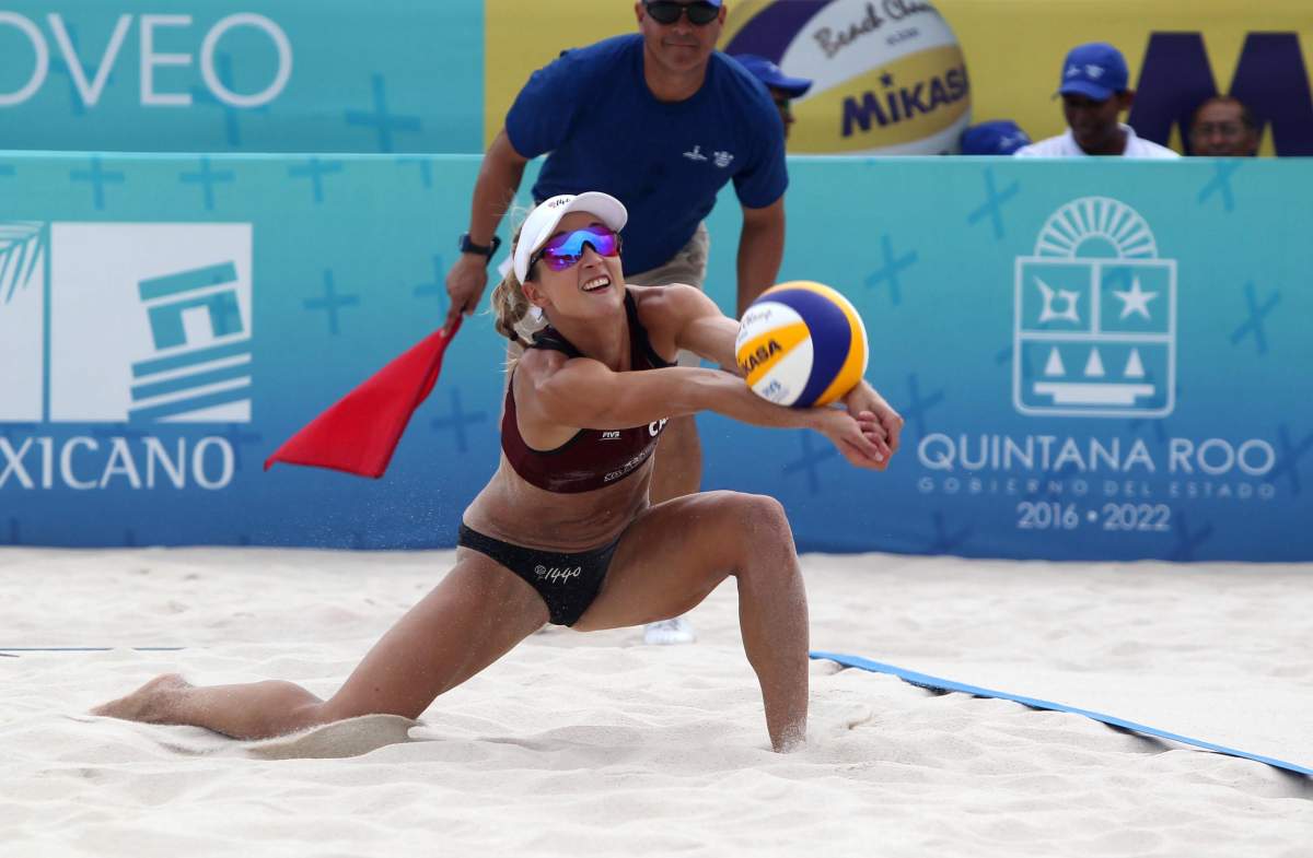 Heather Bansley of Canada in action during the final of the match of the FIVB Beach Volleyball World Tour of Chetumal 2018 between the USA and Canada, in Chetumal, Quintana Roo, Mexico, on Oct. 28, 2018.