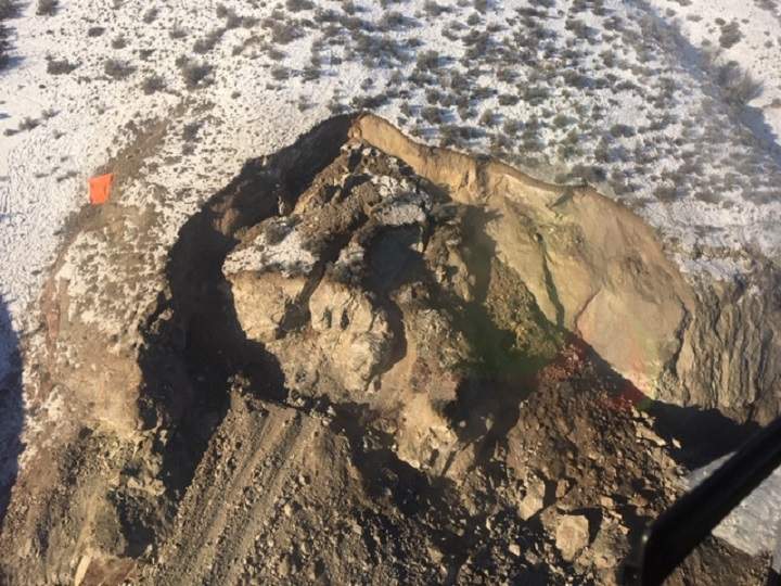 An aerial view of the slope and the rockslide near Summerland that has closed Highway 97 in the Okanagan.