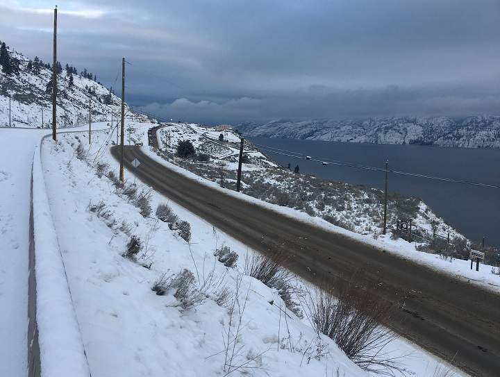 A view of the Callan Road detour and Okanagan Lake in the background.