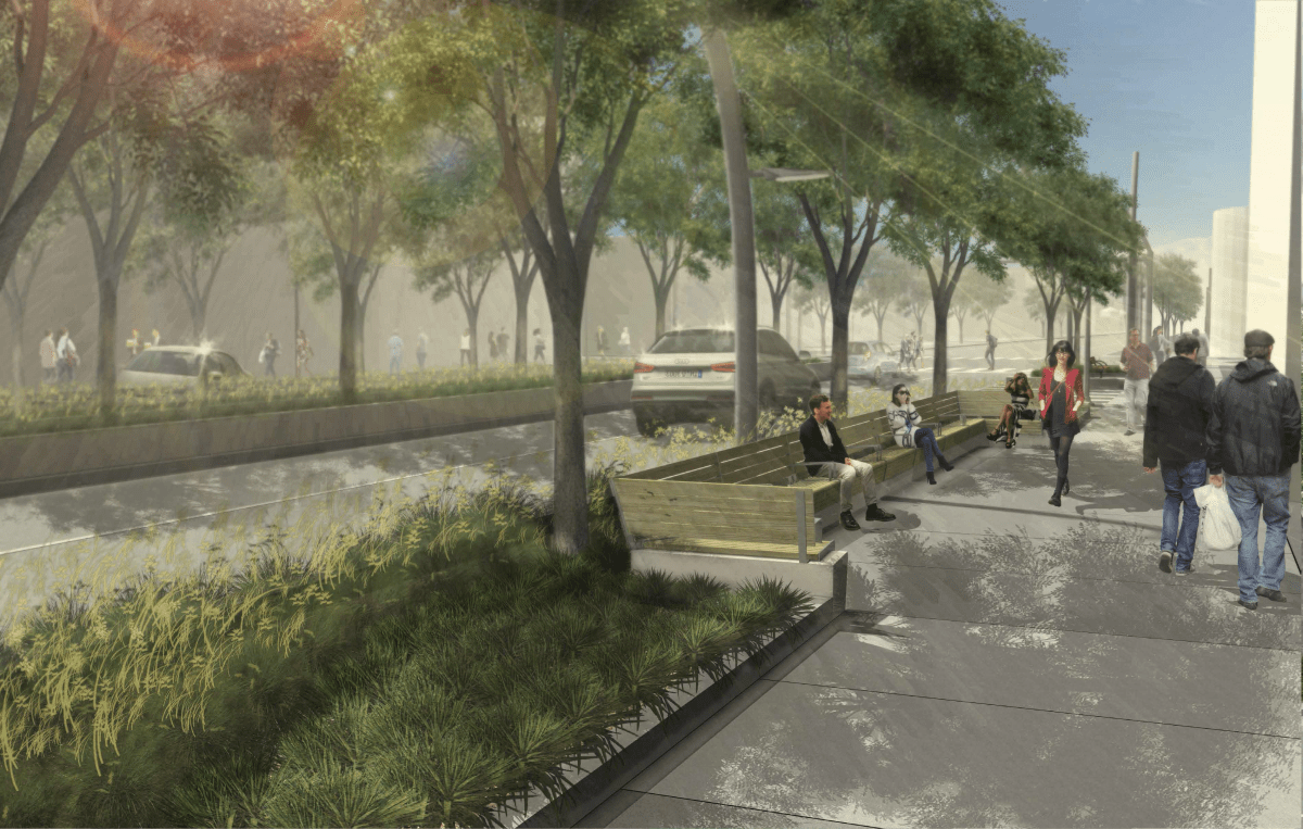 Rendering of the Imagine Jasper Avenue plan on how the wider sidewalks would include sitting areas or ‘nodes.’