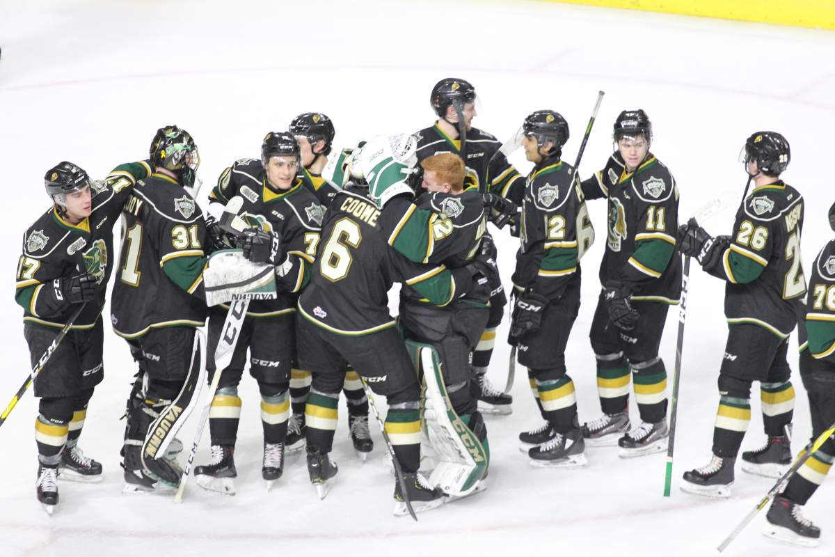 London, Ont. - The London Knights congratulate defenceman Riley Coome after his first OHL goal stands up as the game winner in a 4-2 victory over Kitchener on February 2, 2019.