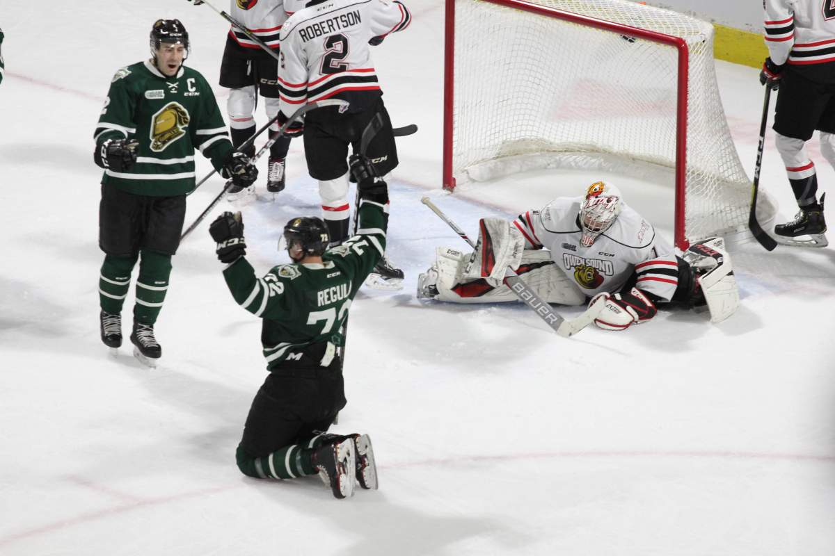 Alec Regula of the London Knights celebrates his power-play goal in the third period of London's 5-3 win over the Owen Sound Attack on Feb. 8, 2019.
