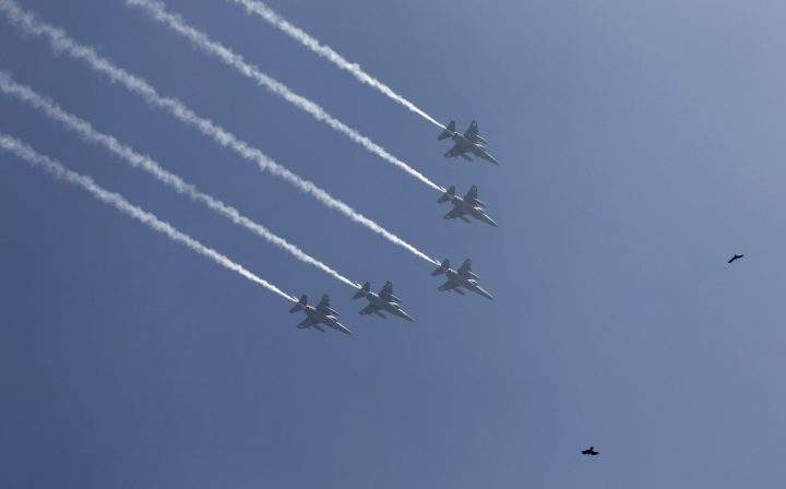 In this Jan. 23, 2012 file photo, Indian Air Force Mirage 2000 fighters fly in formation during the final rehearsal of Republic Day parade in New Delhi, India.