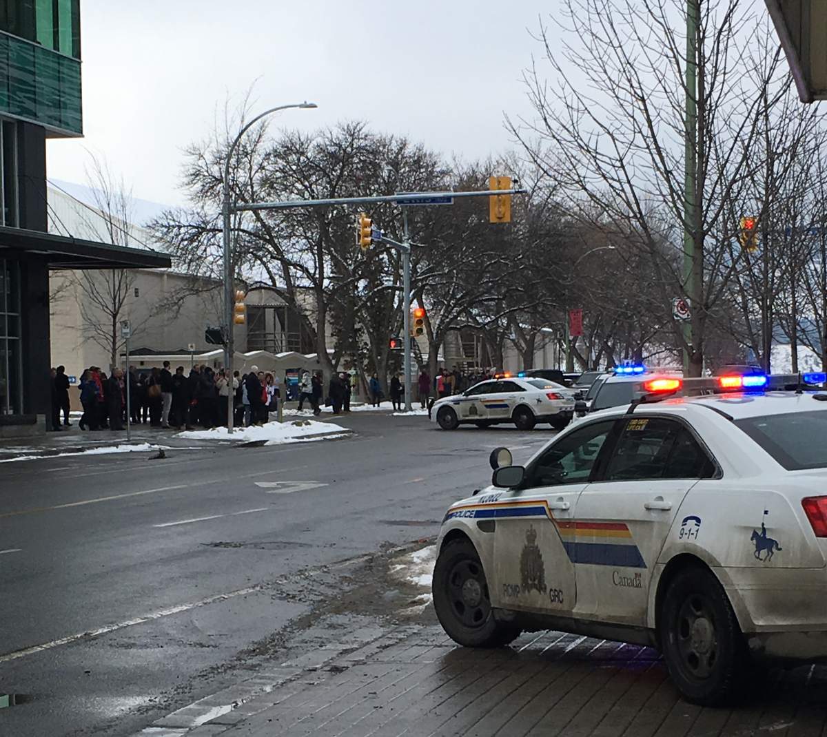 Another view of evacuated employees outside the Interior Health building.