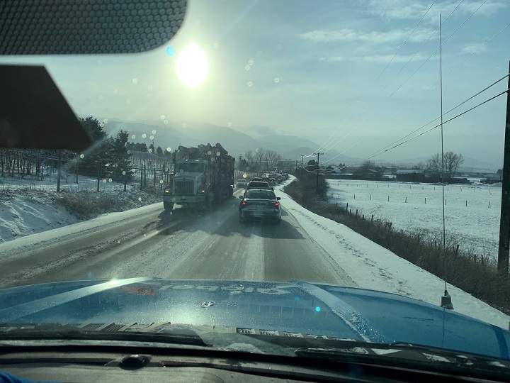 Traffic along Old Vernon Road in Kelowna had long lineups this morning because of the crash along Highway 97.