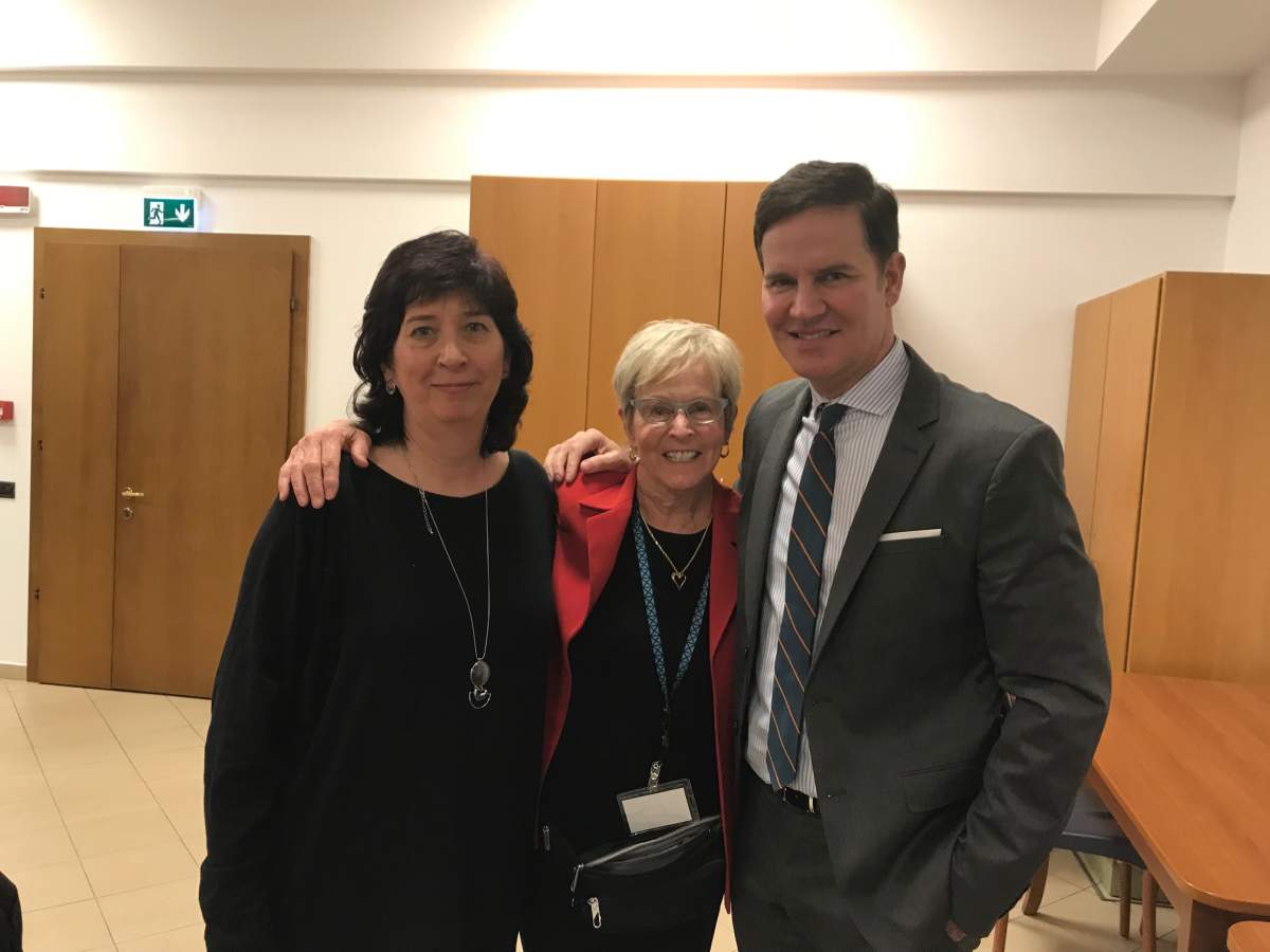 Leona Huggins (left) stands with Mary Dispenza and Juan Carlos Cruz Chellew after meeting with Vatican officials the day before a summit on sex abuse.