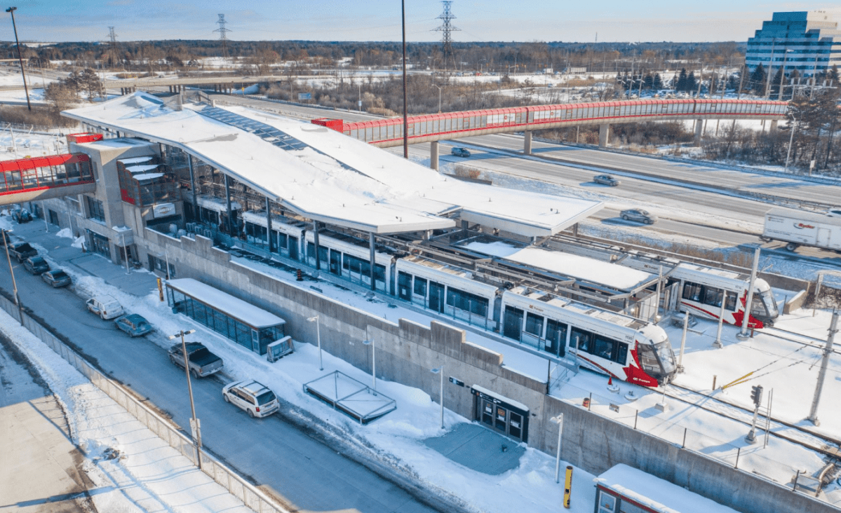 A photograph of the Blair LRT station, the final stop at the eastern tip of the Confederation line. The head of OC Transpo says he's "highly skeptical" the consortium building the LRT will meet its deadline of March 31, 2019. The Rideau Transit Group, however, says it's "confident" it will.