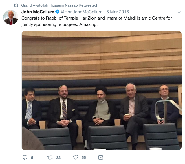 A 2016 Twitter post from John McCallum, then the Immigration Minister, showing him beside Syed Hosseini-Nassab (centre), founder of the Islamic Shia Assembly of Canada.