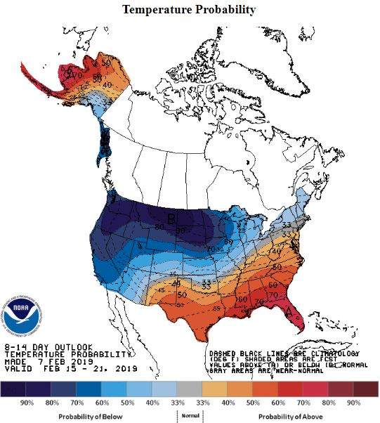 Temperature probability Made Feb. 7 for Feb 15-21, 2019.