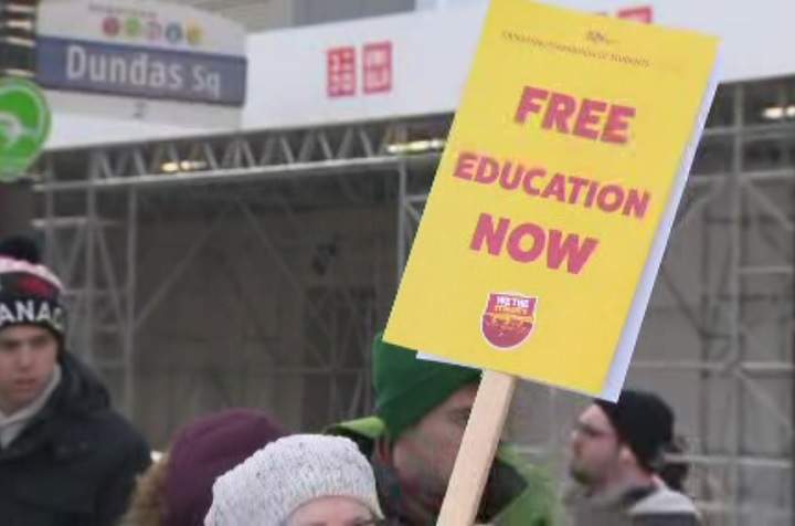 Ontario post-secondary students stage a march from Yonge-Dundas Square to Queen's Park on Feb. 19, 2019.