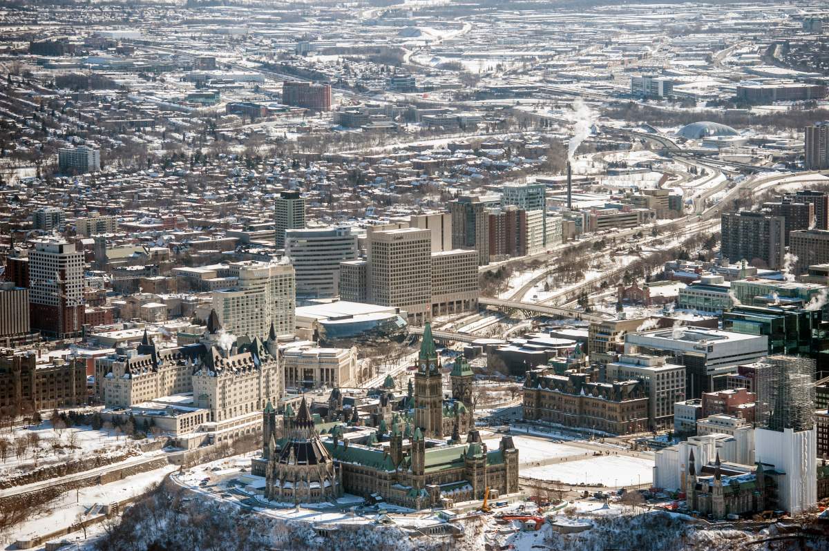 Canada's Parliament Hill, including the Peace Tower and Library of Parliament at Centre Block, is shown in this aerial image on Monday, Feb. 17, 2014.