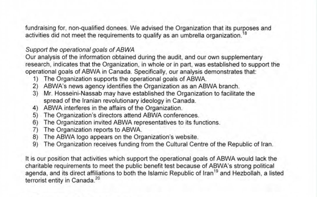 A section of the CRA audit of the Islamic Shia Assembly of Canada, which denied the allegations and is challenging them in Federal Court.