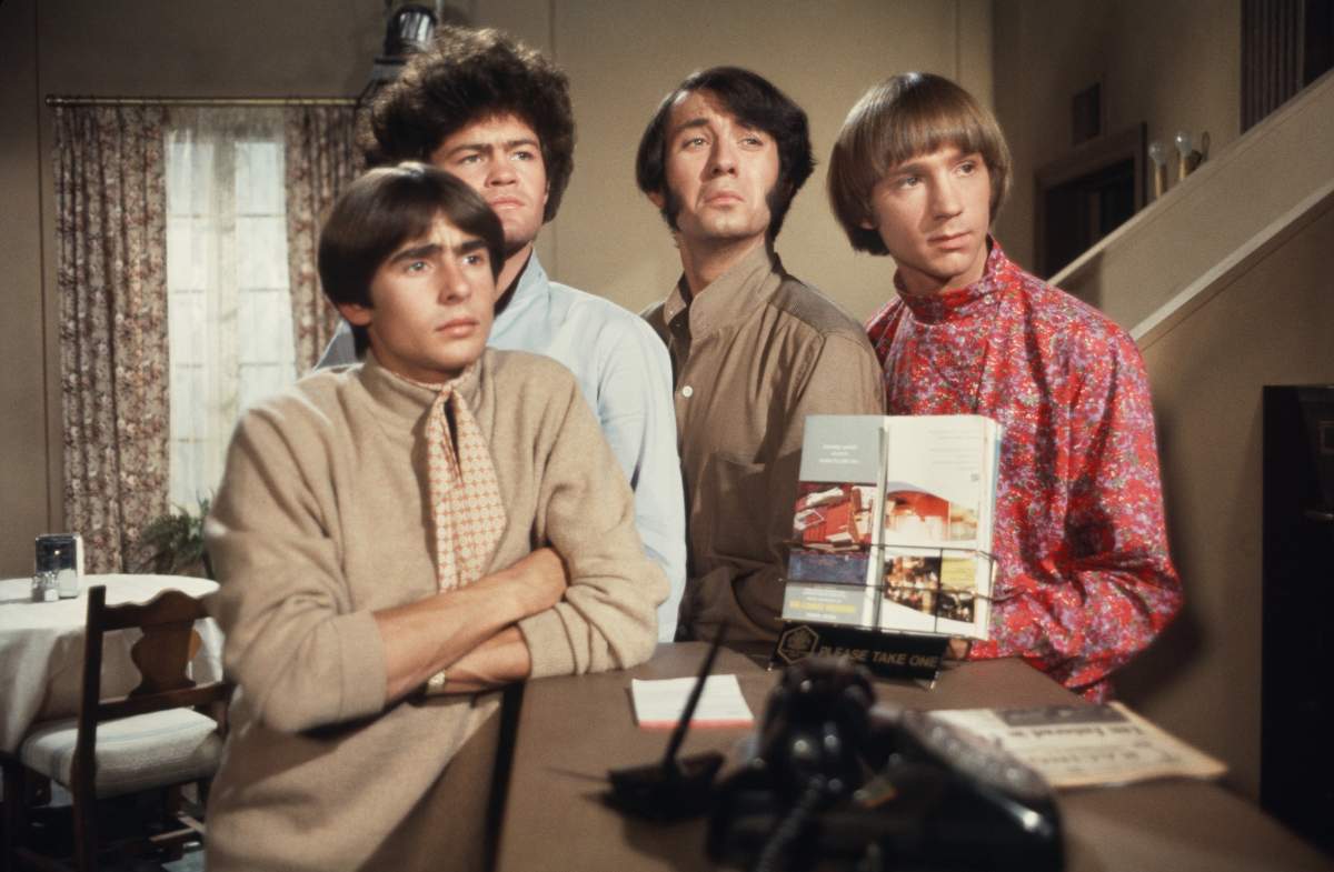 (L-R) Davy Jones, Mickey Dolenz, Peter Tork and Mike Nesmith on the set of the television show The Monkees in Oct. 1967 in Los Angeles, Calif.