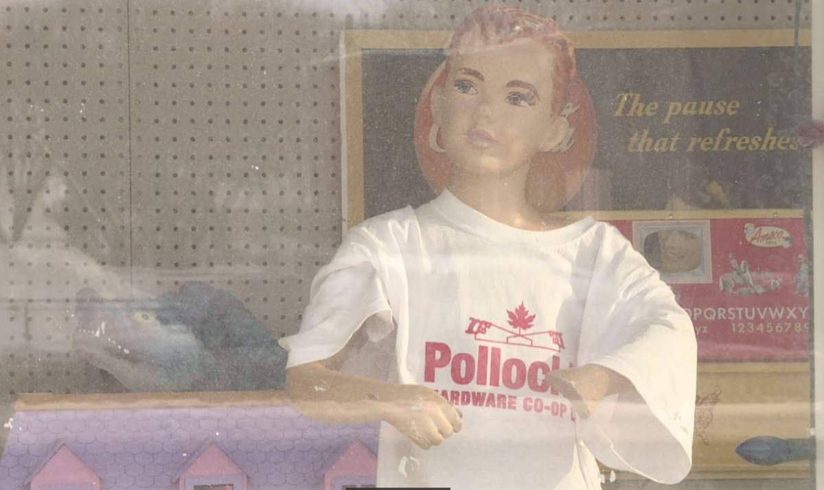 A display inside the front window of Pollock’s Hardware Co-op.