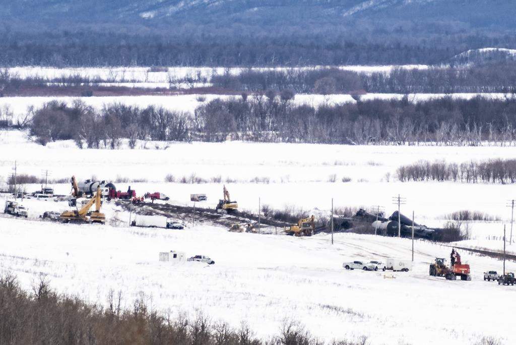 Excavators work at the site of a train derailment ten-kilometres south of St. Lazare, Man. on Saturday February 16, 2019. THE CANADIAN PRESS/Michael Bell.