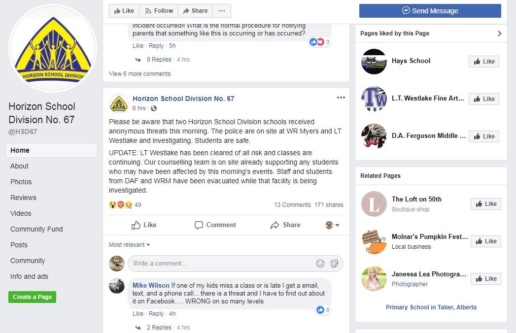 Horizon School Division issued a statement on Facebook