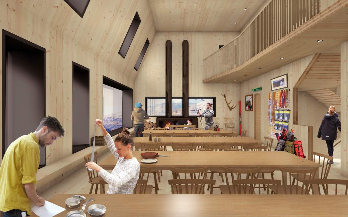 An artist’s rendering of a possible dining area inside one of the huts.
