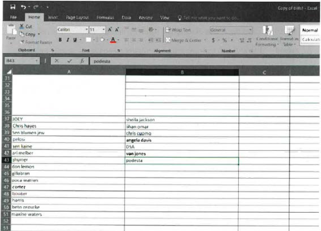 Screenshot of a spreadsheet, allegedly maintained by Christopher Paul Hasson, listing presumed targets.