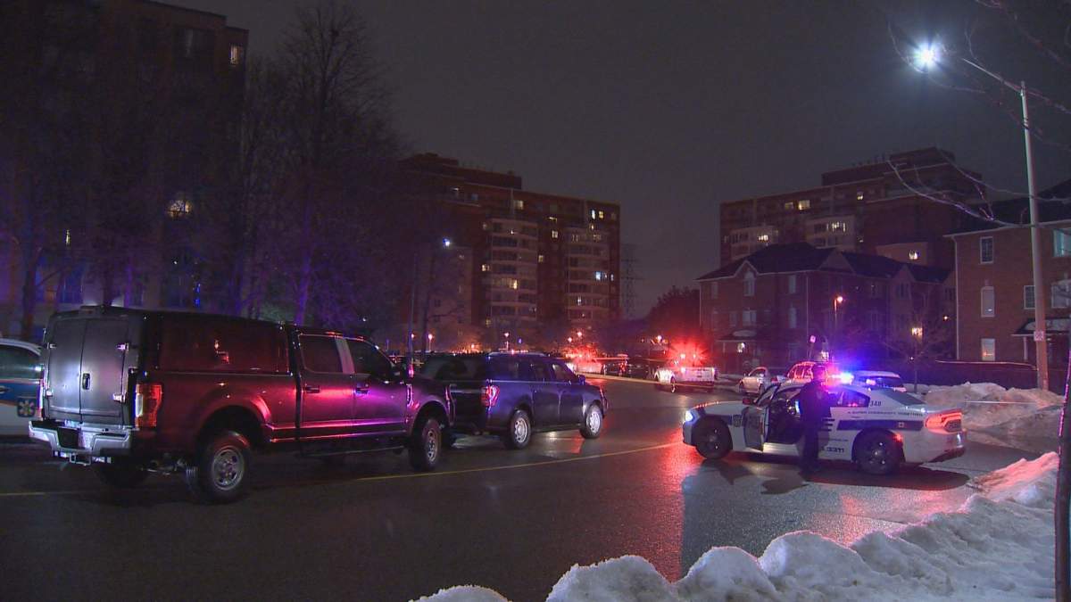 Police investigate a shooting at Acorn Place near Hwy 403 and Hurontario on Feb. 4, 2019.