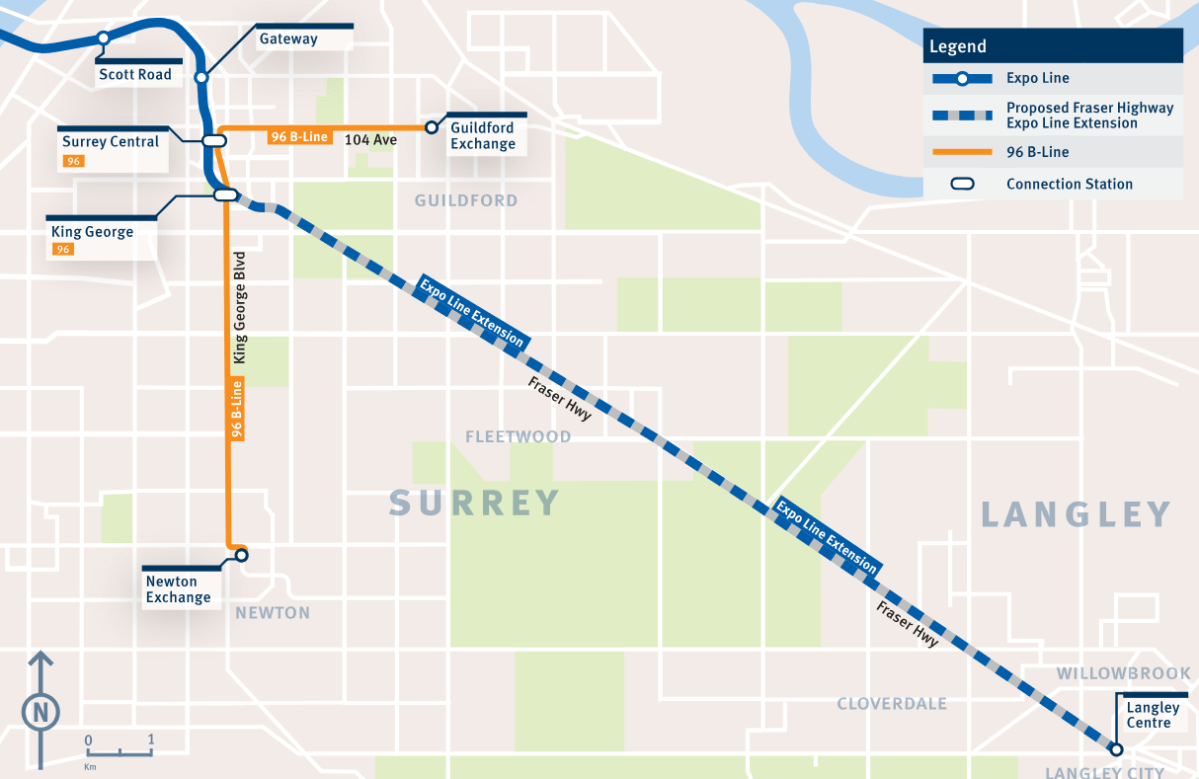 A proposed map of the future Surrey-Langley SkyTrain extension.