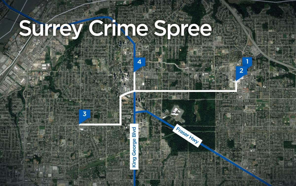The route the suspect allegedly took to the four crime scenes over a four-hour time span on Feb. 12.