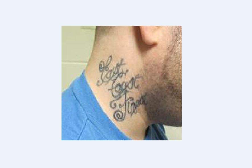 The neck tattoo on James Burnside.