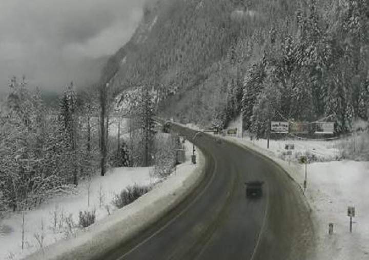 Road conditions at Three Valley Gap, approximately 20 kilometres west of Revelstoke.