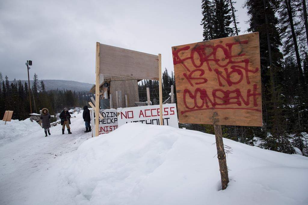A checkpoint is seen at a bridge leading to the Unist'ot'en camp on a remote logging road near Houston, B.C., on Thursday January 17, 2019.
