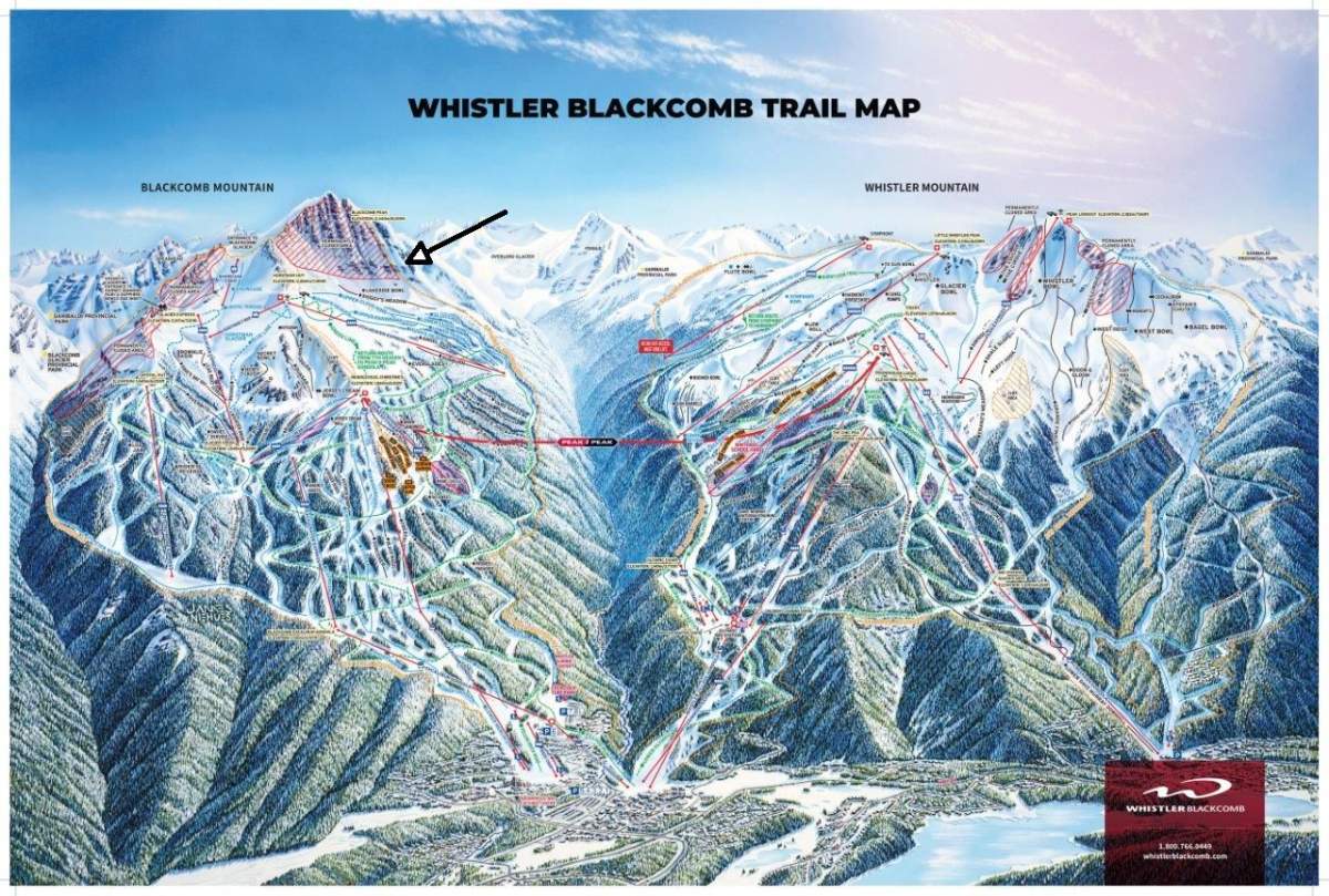 A map of the trail system at Whistler Blackcomb ski resort. The arrow points to the area where the two skiers were when the avalanche came down.