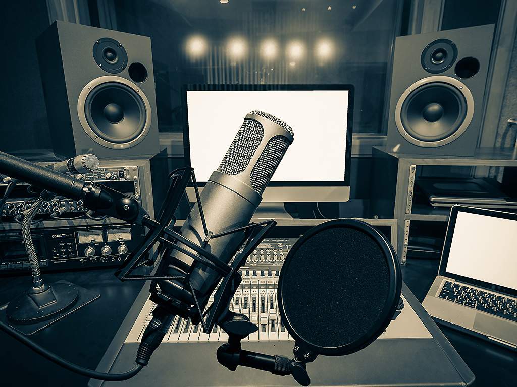 A professional condenser microphone, primed for recording.
