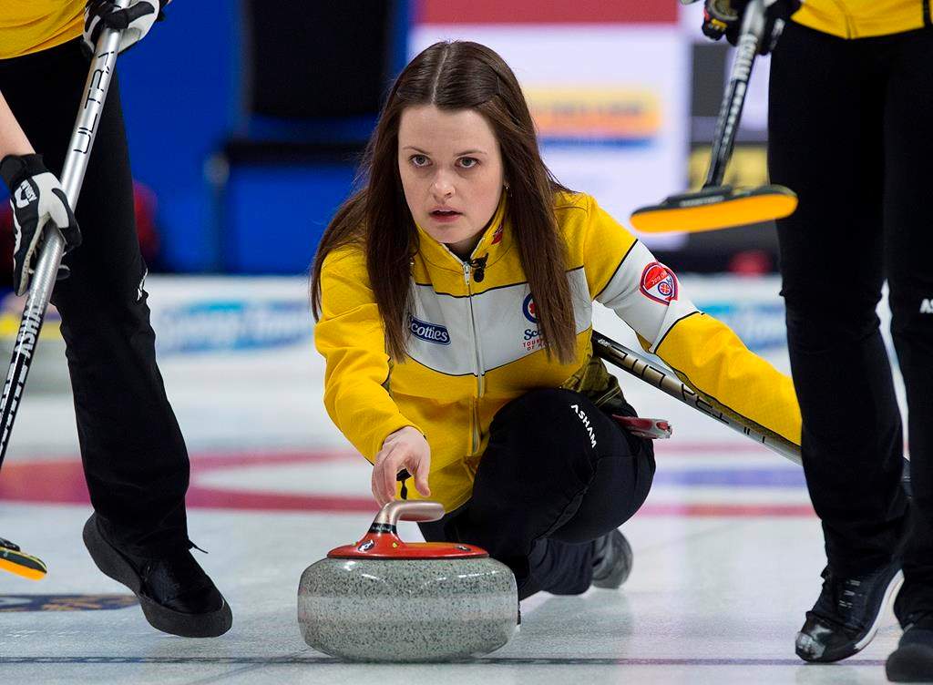 Manitoba skip Tracy Fleury releases a rock at the 2019 Scotties Tournament of Hearts.