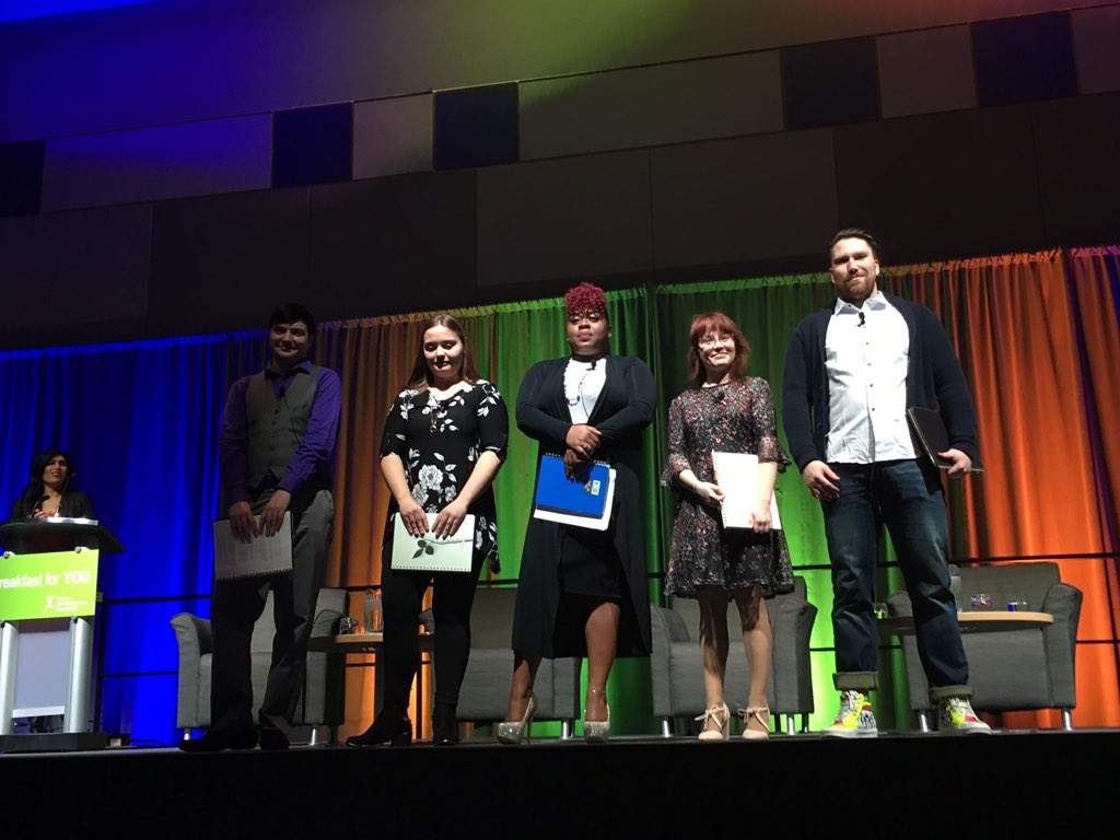 The five young people who shared their lived experience at YOU's 13th annual breakfast fundraiser: (from left to right) Lucas Frampton, Samantha Humphrey, Nakitia Carimbocas, Lynda Amos and Vince Hardwick.
