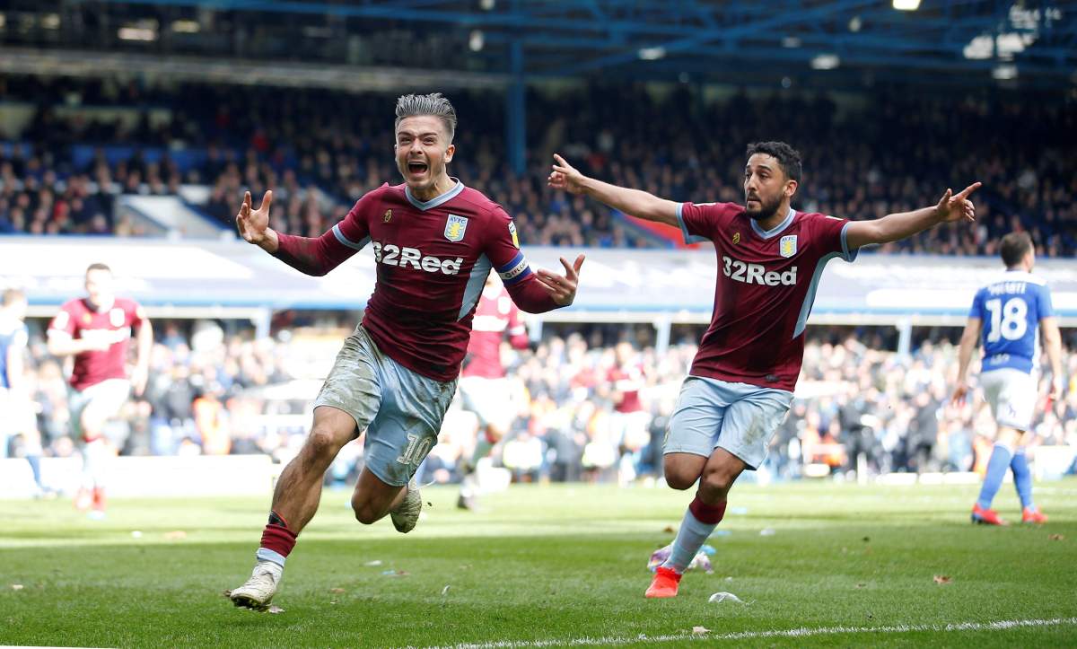 Aston Villa’s Jack Grealish celebrates scoring the winning goal of a 1-0 victory over Birmingham on March 10, 2019.